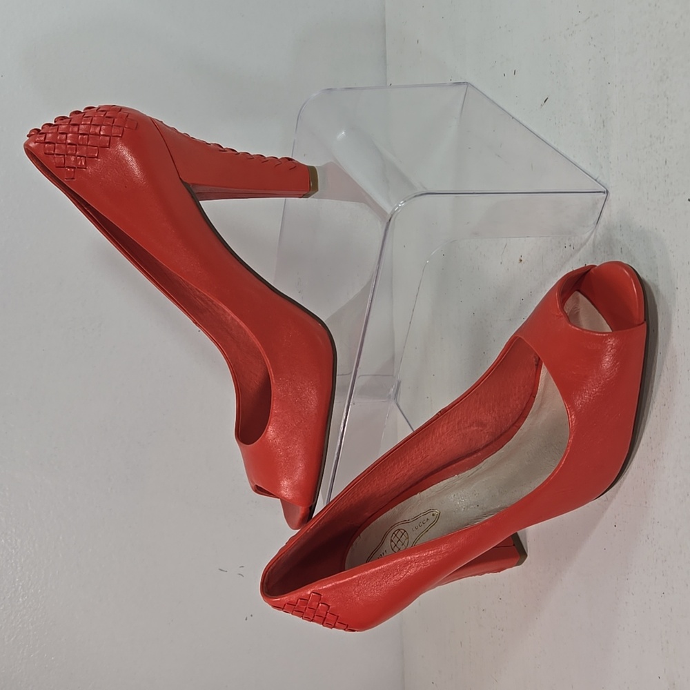 Elliott Lucca Andrea Leather Woven Peep Toe Orange Chili Heels size 9½